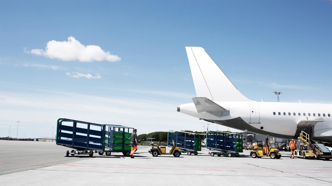 Baggage carts being towed across the airport apron toward an aircraft