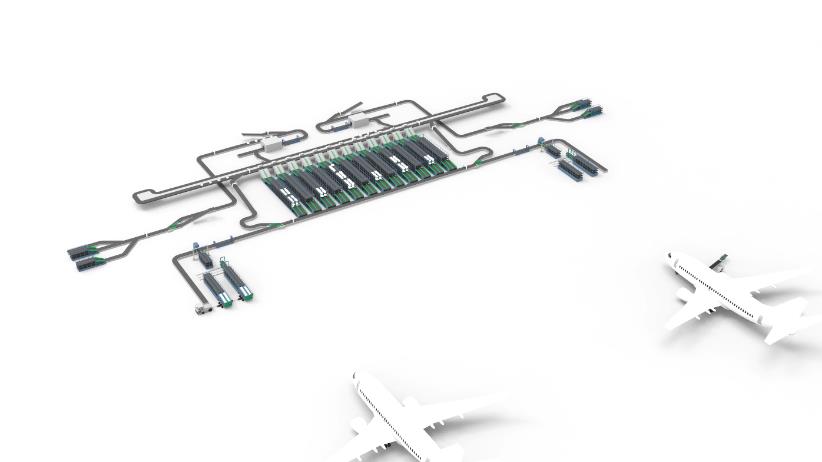 Overview render of the baggage automation conveyor and sorter system