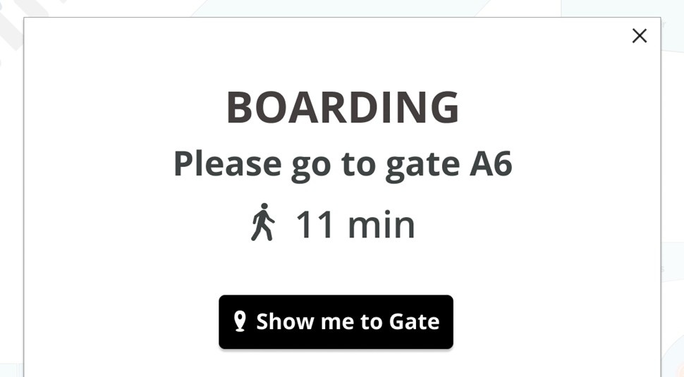 Trolley tablet screen showing a personalised boarding alert